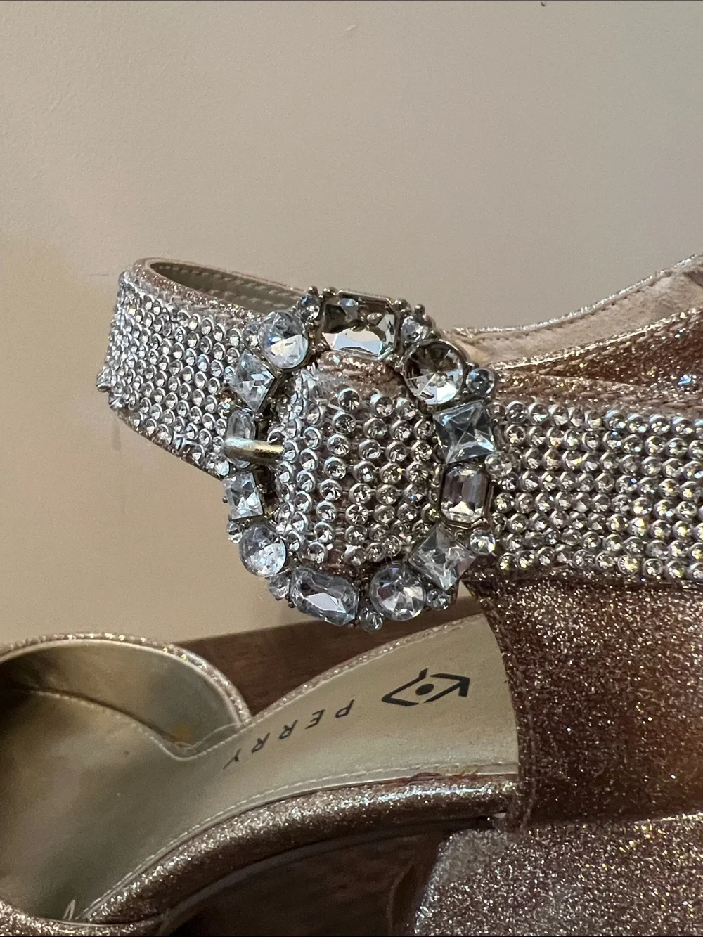 Katy Perry Collections Rose Gold Glitter Platform Mary Jane with Crystal Buckle